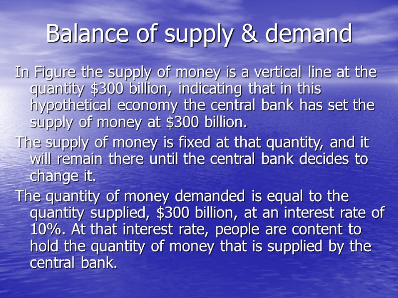 >Balance of supply & demand In Figure the supply of money is a vertical